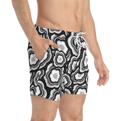 B&W Flower Power Swim Trunks