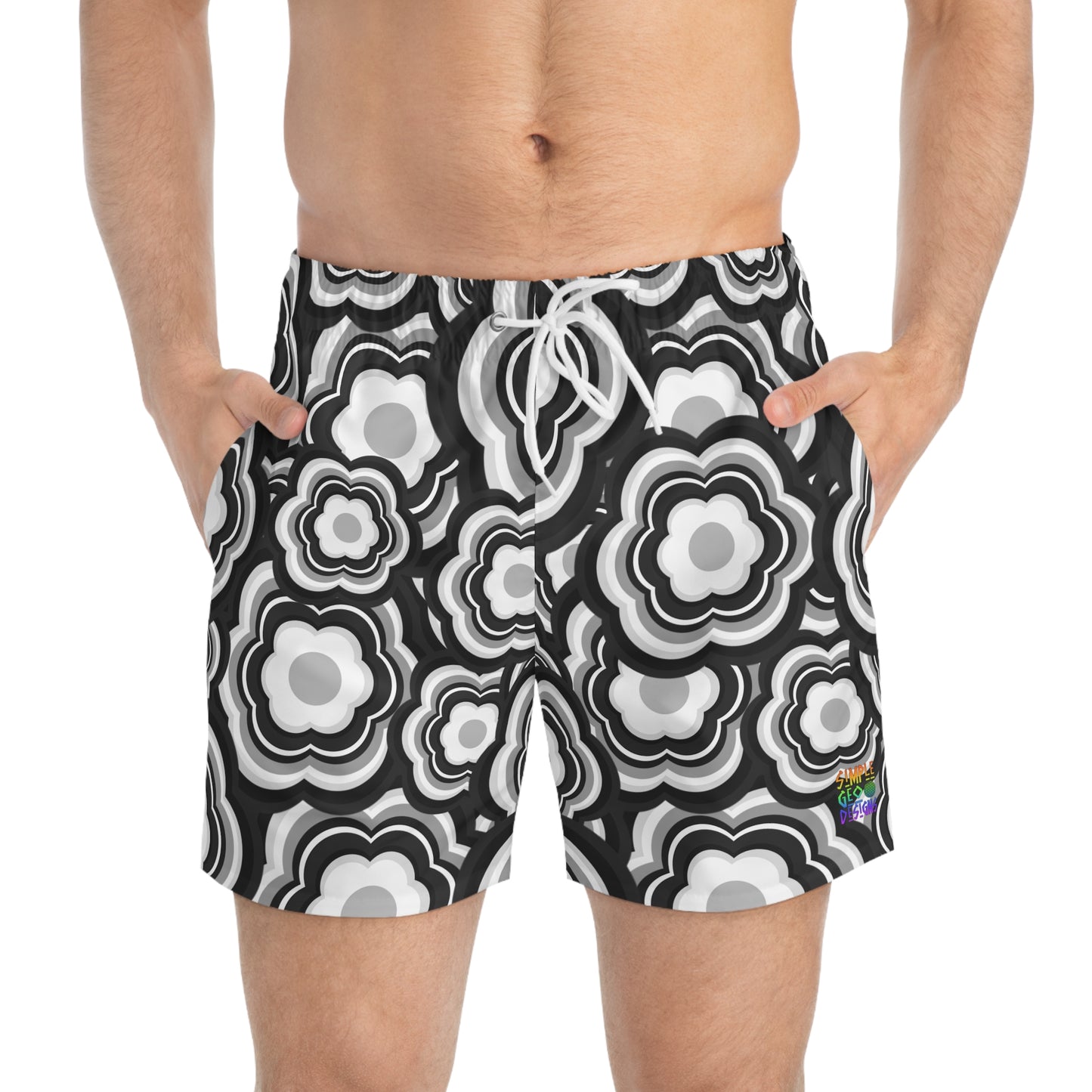 B&W Flower Power Swim Trunks